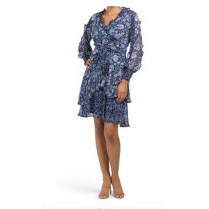 TAHARI ASL Floral Wrap Style Ruffle Mini Dress Ivory Blue Sz.10
